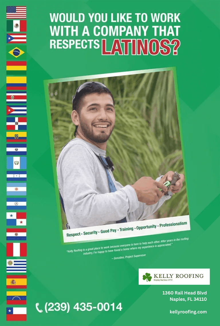 Green recruitment poster showing a smiling construction worker holding tools, promoting Kelly Roofing jobs with a headline about respecting Latinos, Latin American flags along the side, and contact information at the bottom.