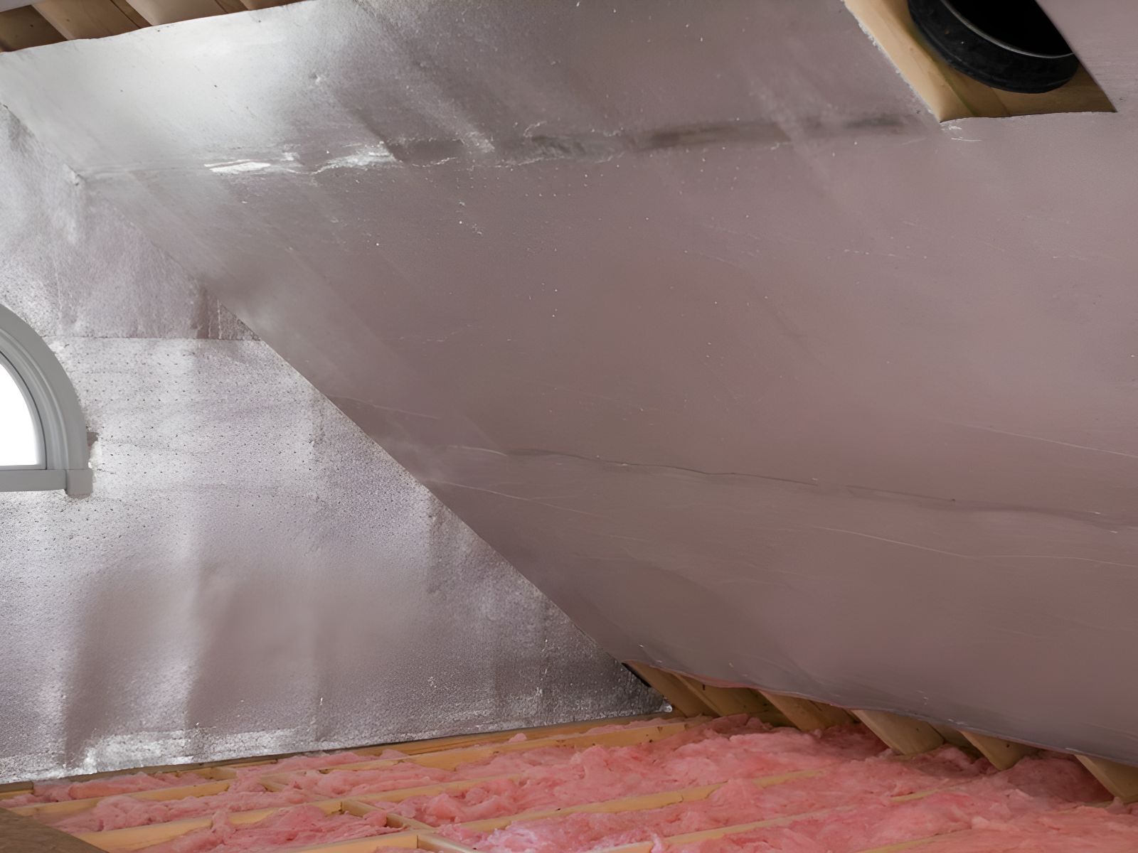 Attic interior showing radiant barrier roof decking with fiberglass insulation installed to reduce heat transfer and improve energy efficiency