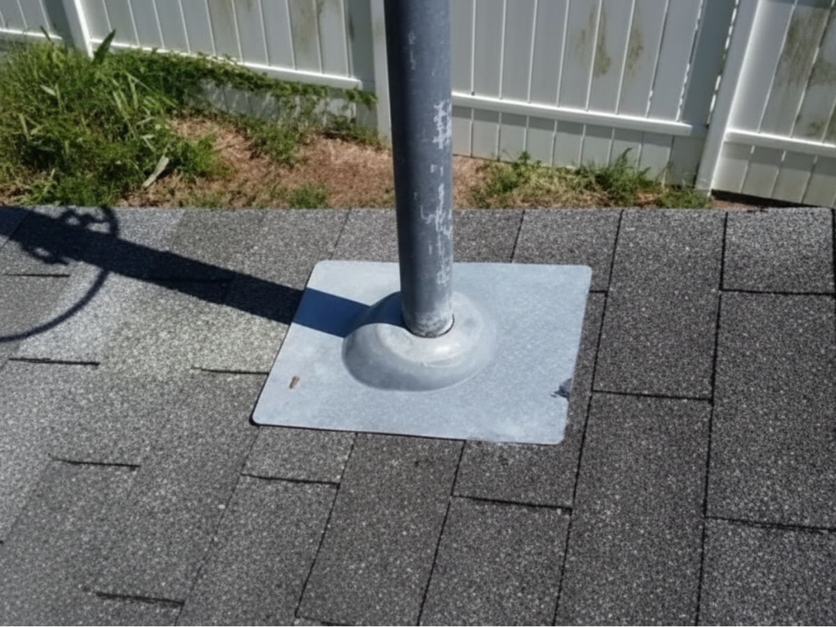 Plumbing vent pipe with metal flashing properly seated on asphalt shingle roof