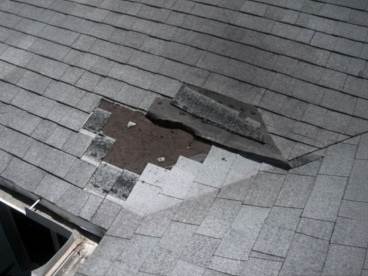 Missing and damaged asphalt shingles exposing roof underlayment