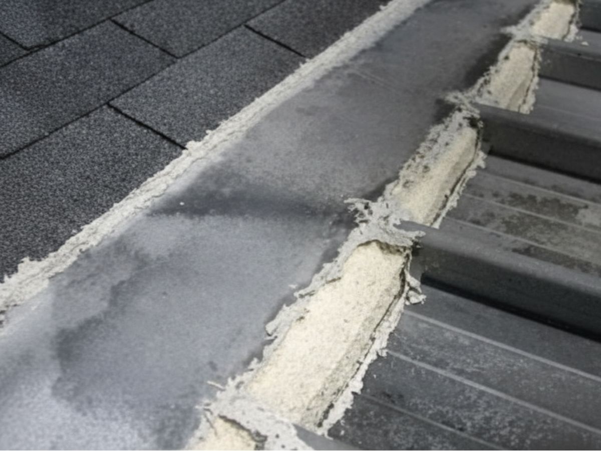 Deteriorated sealant at metal and shingle roof transition