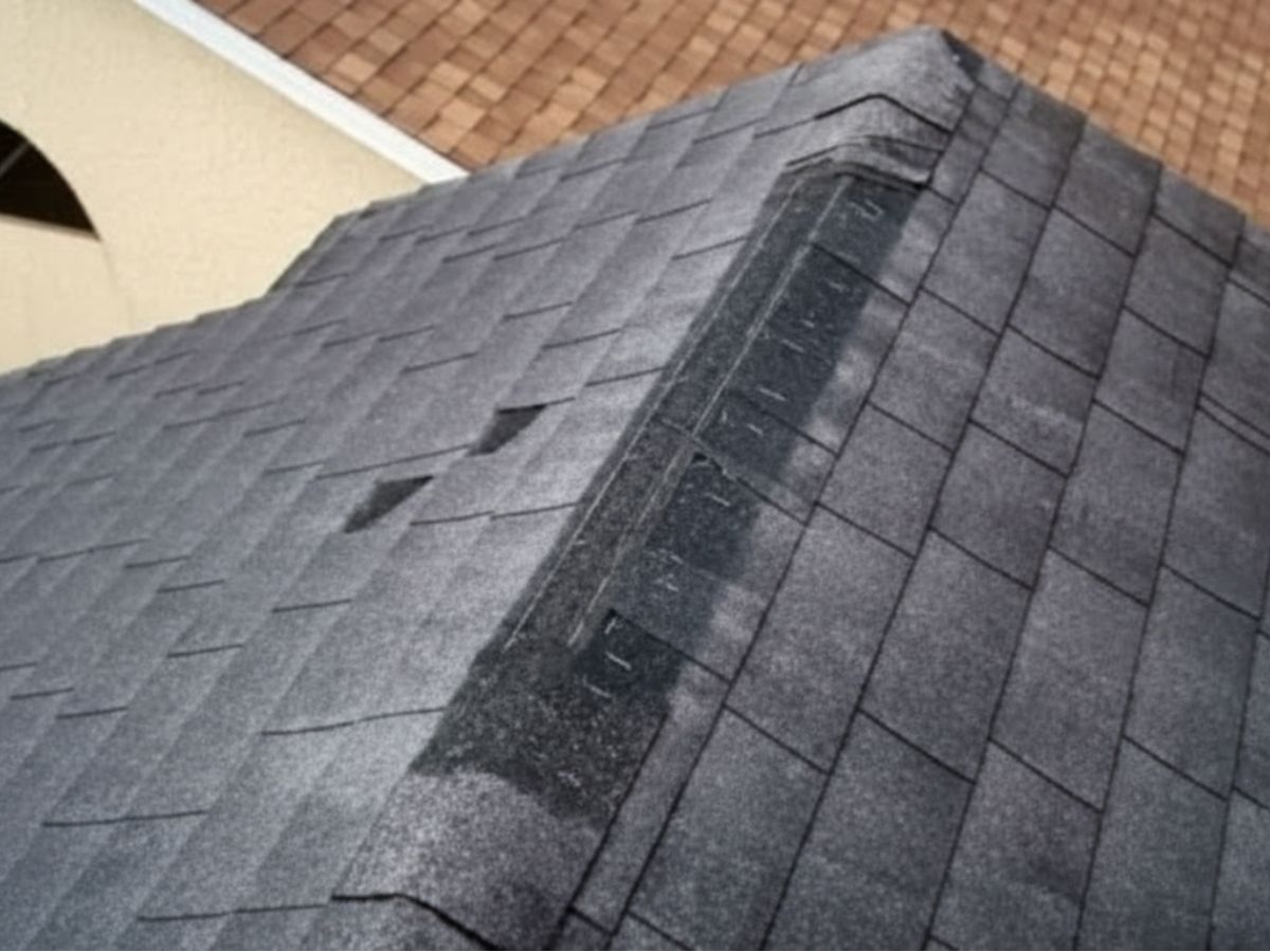 Improperly installed or deteriorated ridge cap shingles with visible patching and uneven alignment on asphalt shingle roof