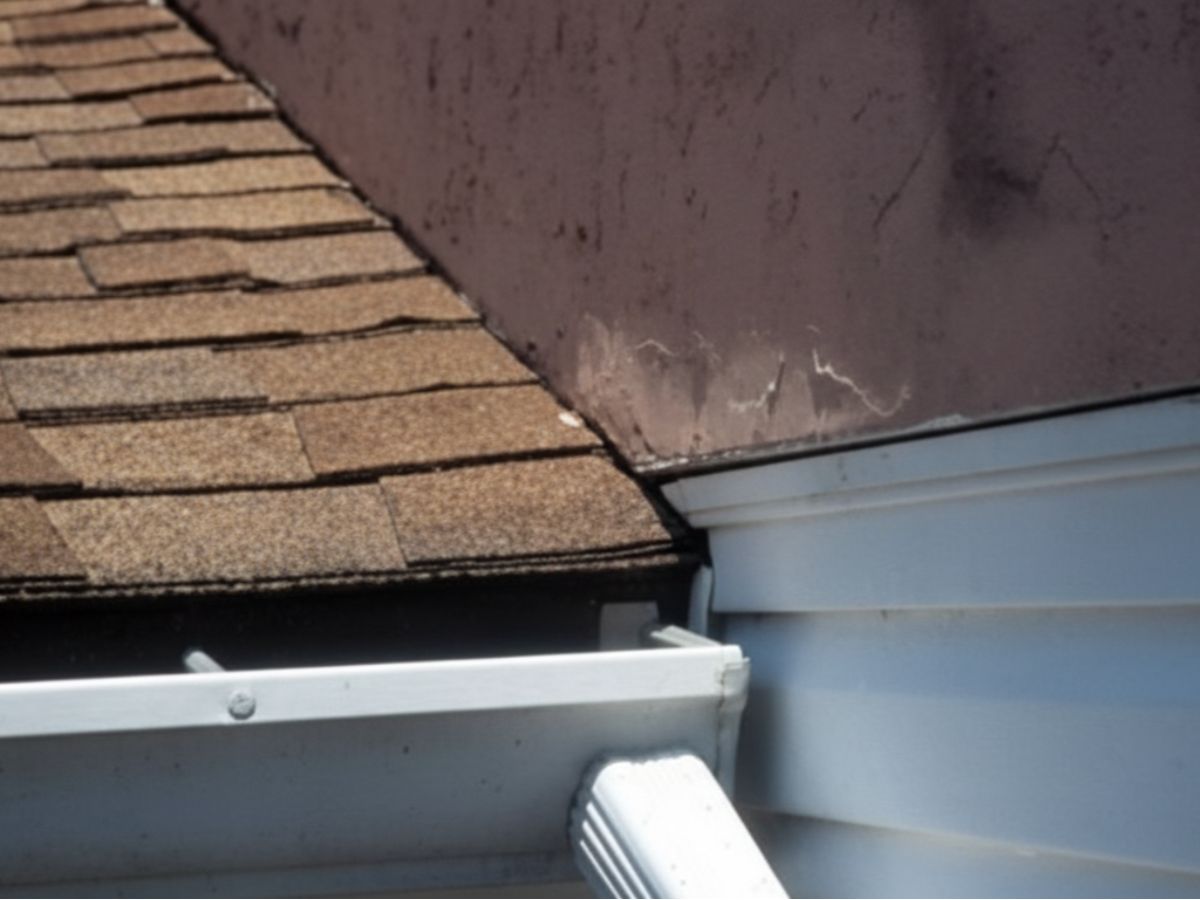 Improper roof-to-wall flashing at sidewall with visible water staining near gutter and siding