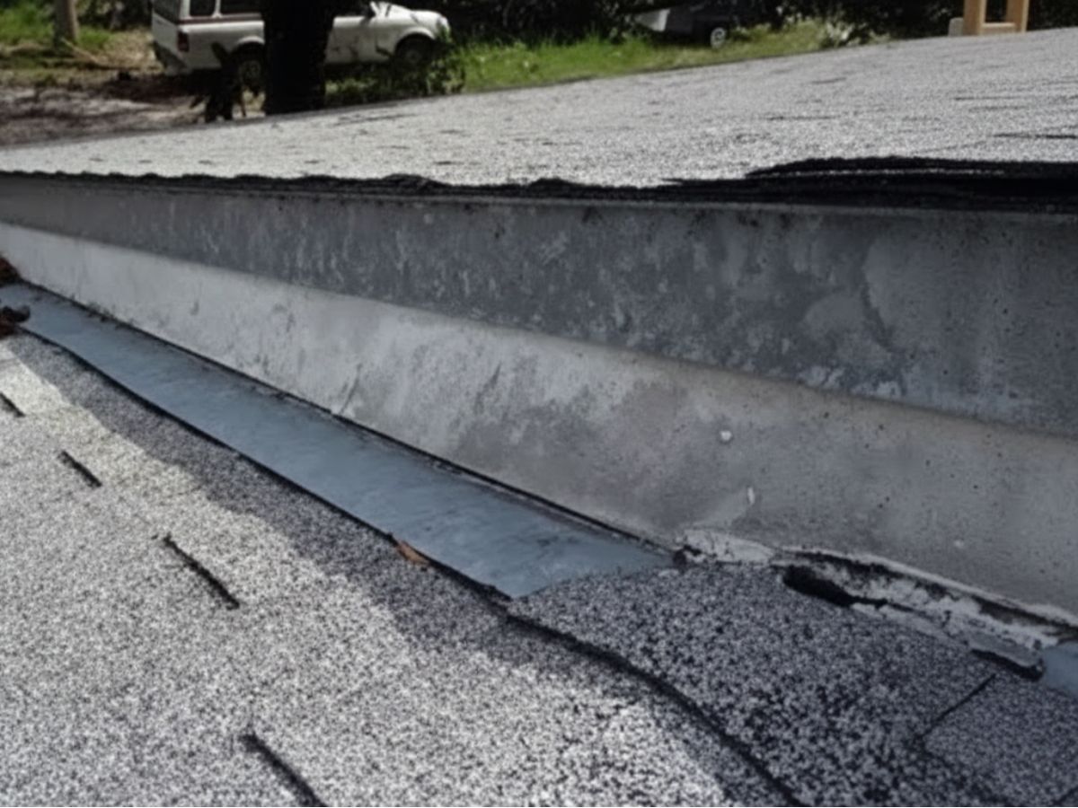 Loose and deteriorated parapet wall flashing with lifted asphalt shingles along a flat roof edge