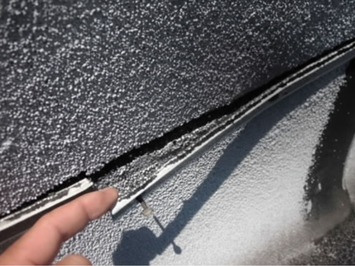 Close-up of roof edge detail showing roofing material meeting metal trim
