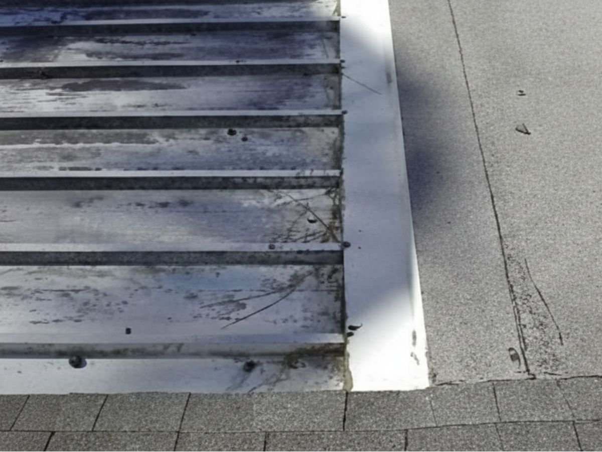 Metal roof panel edge detail transitioning to adjacent shingle roof surface