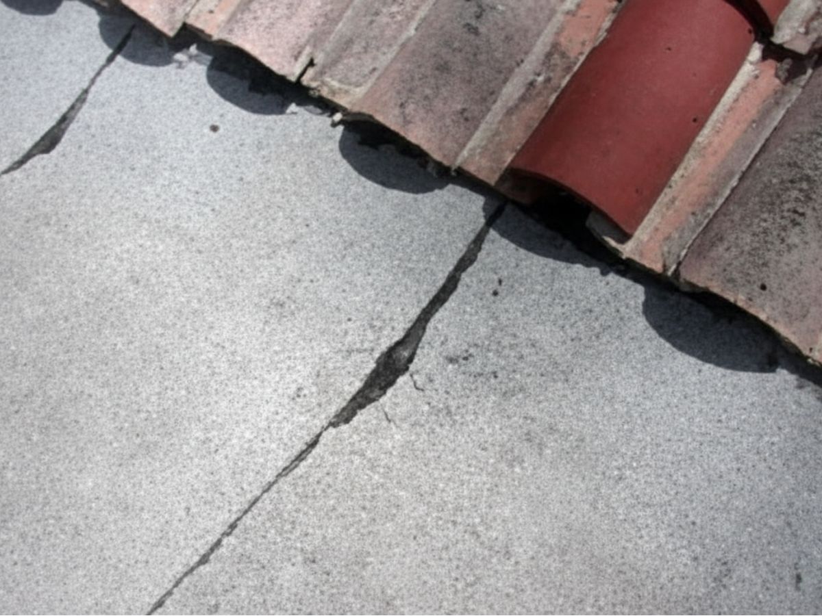 Flat roof membrane adjacent to clay tile roof showing transition area detail