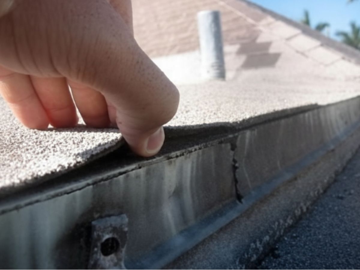 Close-up of flat roof edge showing roofing membrane and metal edge detail