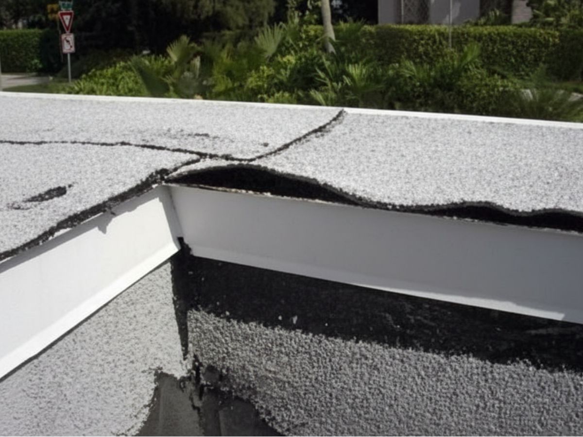 Close-up of flat roof edge with roofing membrane detail