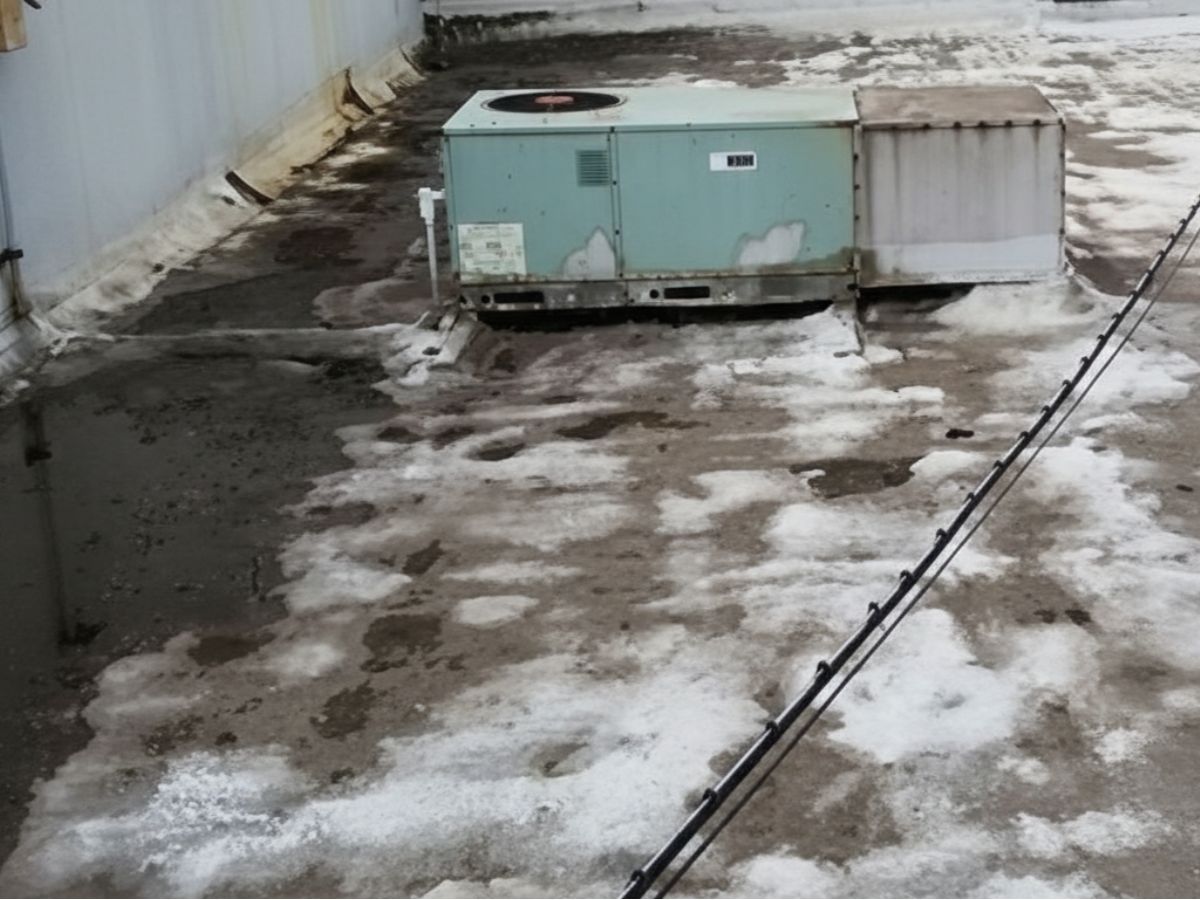 Rooftop HVAC unit on a flat roof with patches of snow and ice