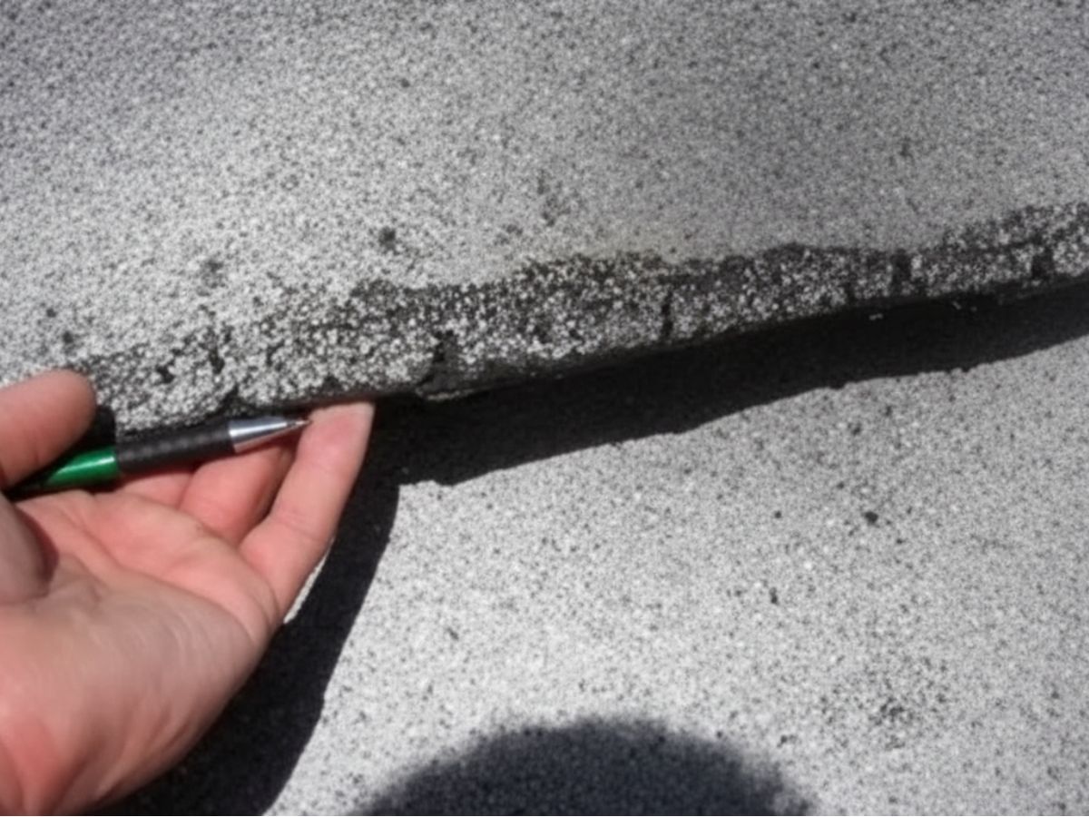 Close-up of flat roof membrane seam detail with aggregate surface