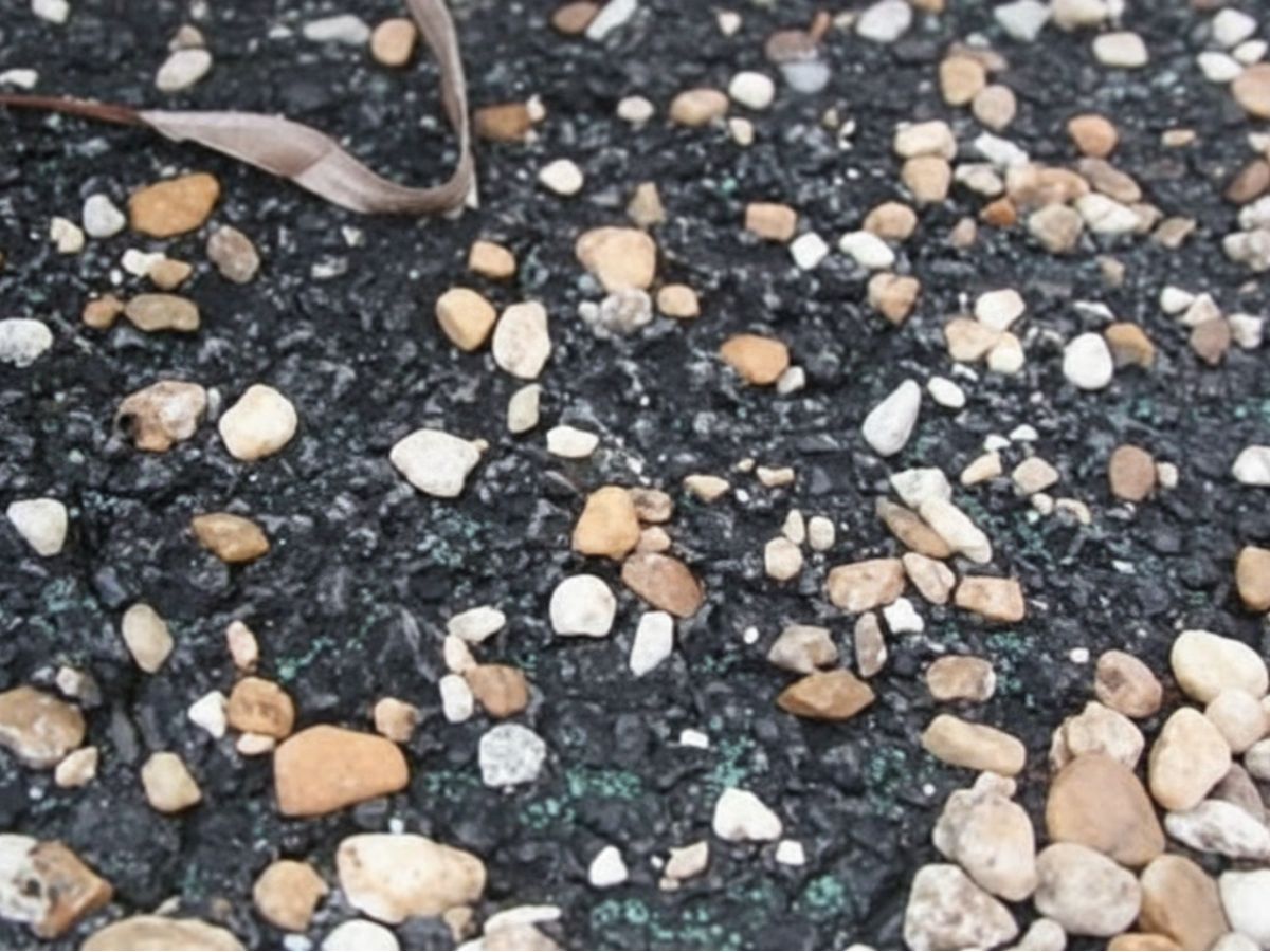 Close-up of flat roof membrane with embedded aggregate surface