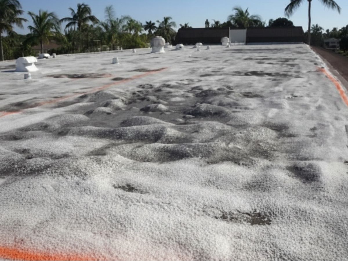 Flat commercial roof surface with white reflective coating and multiple roof penetrations