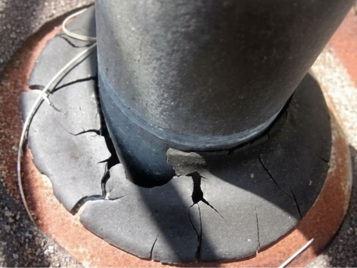 Roof vent pipe penetration with rubber flashing boot and metal base collar