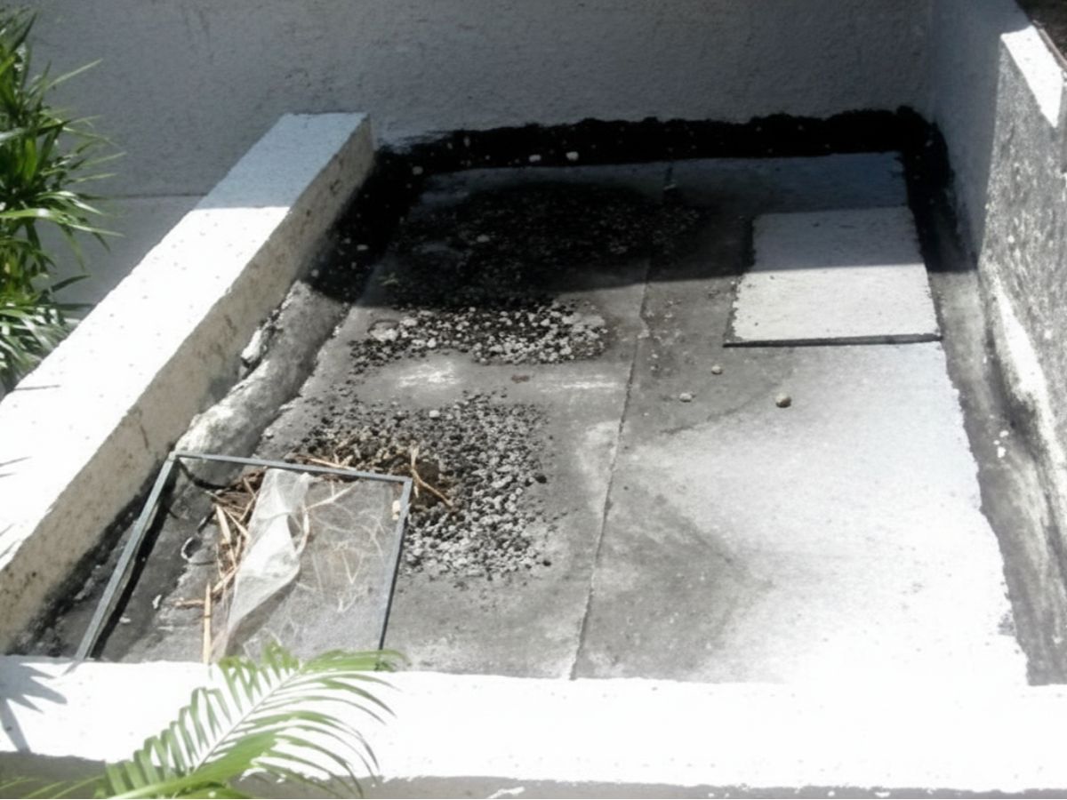 Flat roof area bordered by stucco walls with surface membrane and drainage detail