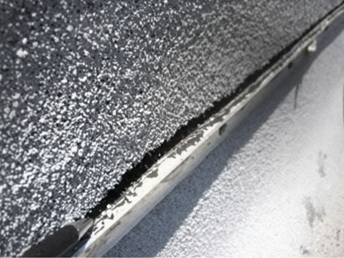 Close-up view of roofing material meeting metal edge trim