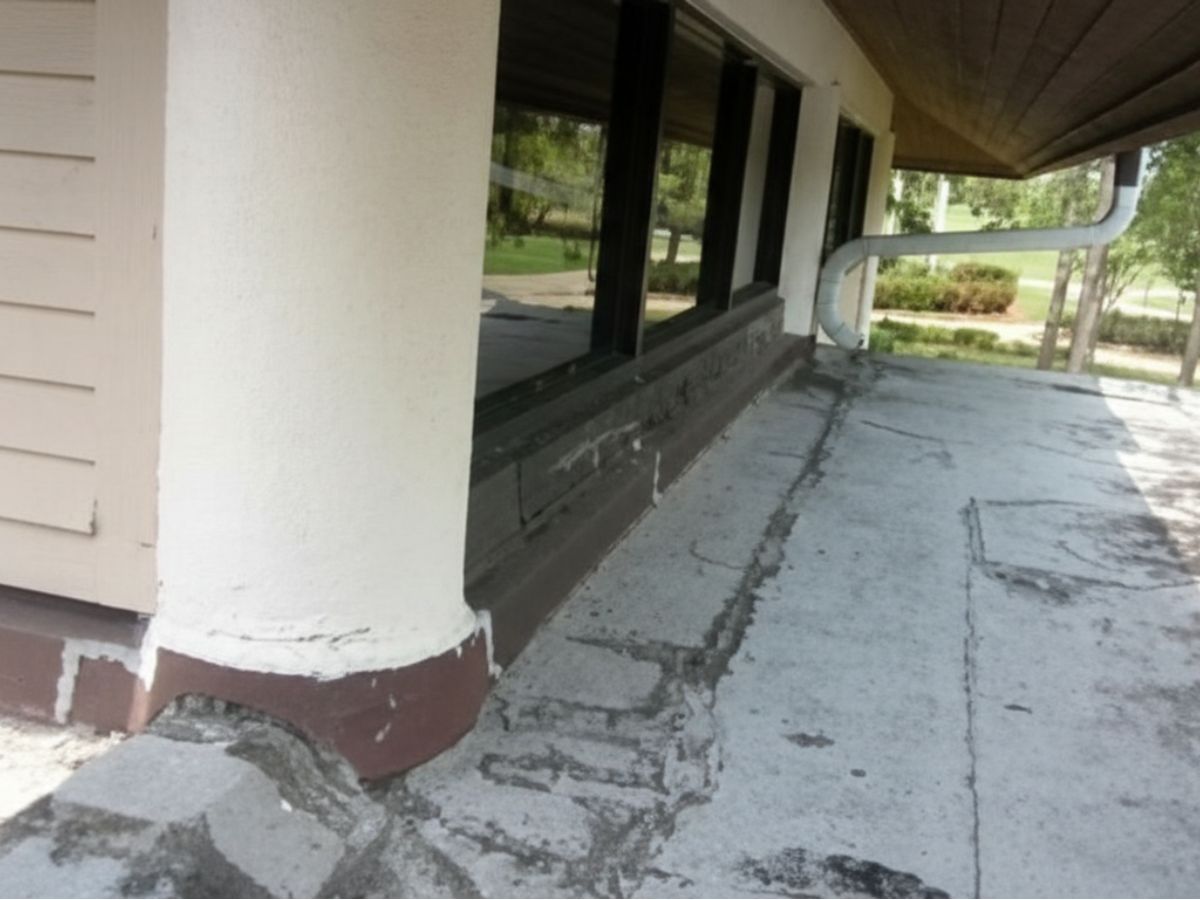 Roof edge and wall junction detail with flat roof surface and gutter downspout
