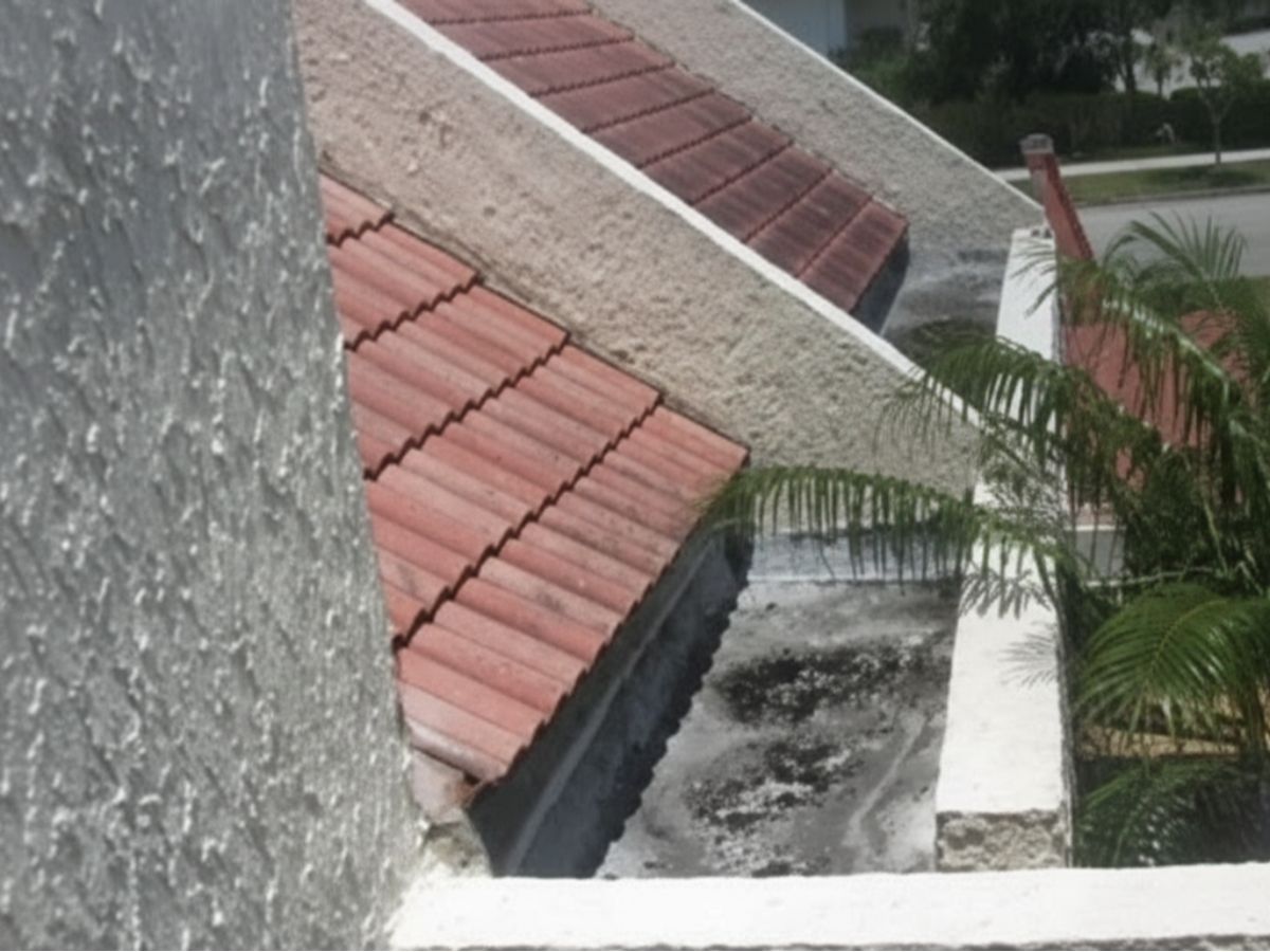 Tile roof meeting stucco wall showing roof-to-wall flashing and weathered surface below
