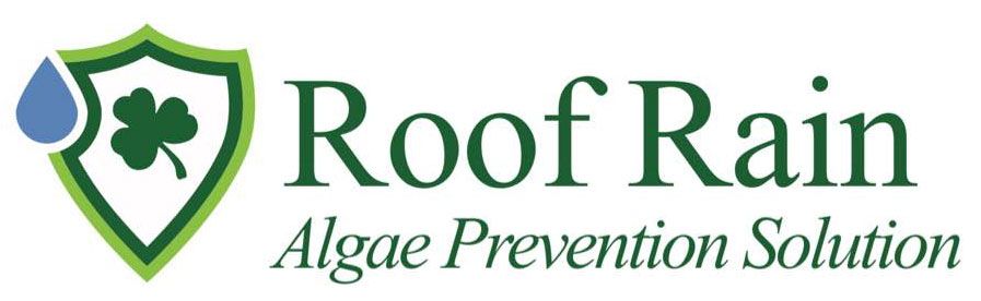 Roof Rain logo featuring shield and clover icon with the text ‘Algae Prevention Solution,’ representing roof protection and algae prevention services