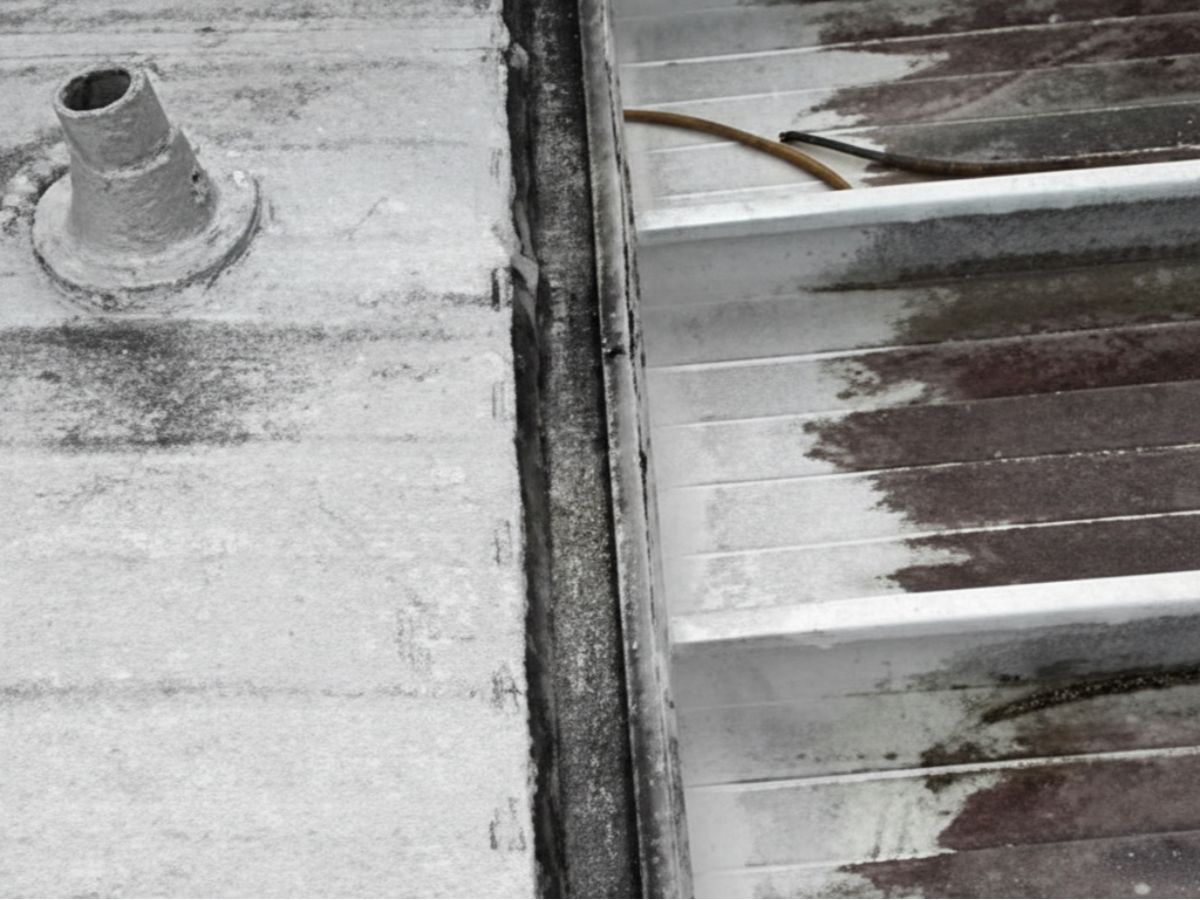 Metal roof panels with visible wear and sealant along the joint