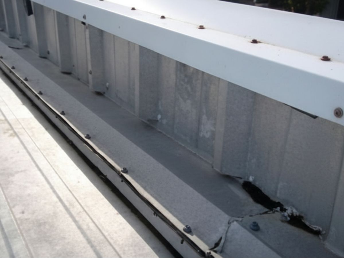 Improperly sealed metal roof parapet flashing