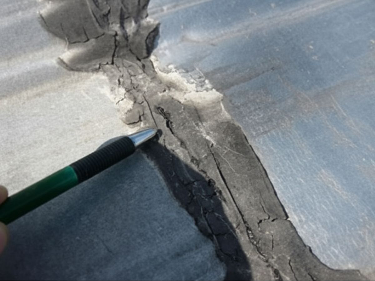 Cracked and failing sealant on metal roof seam