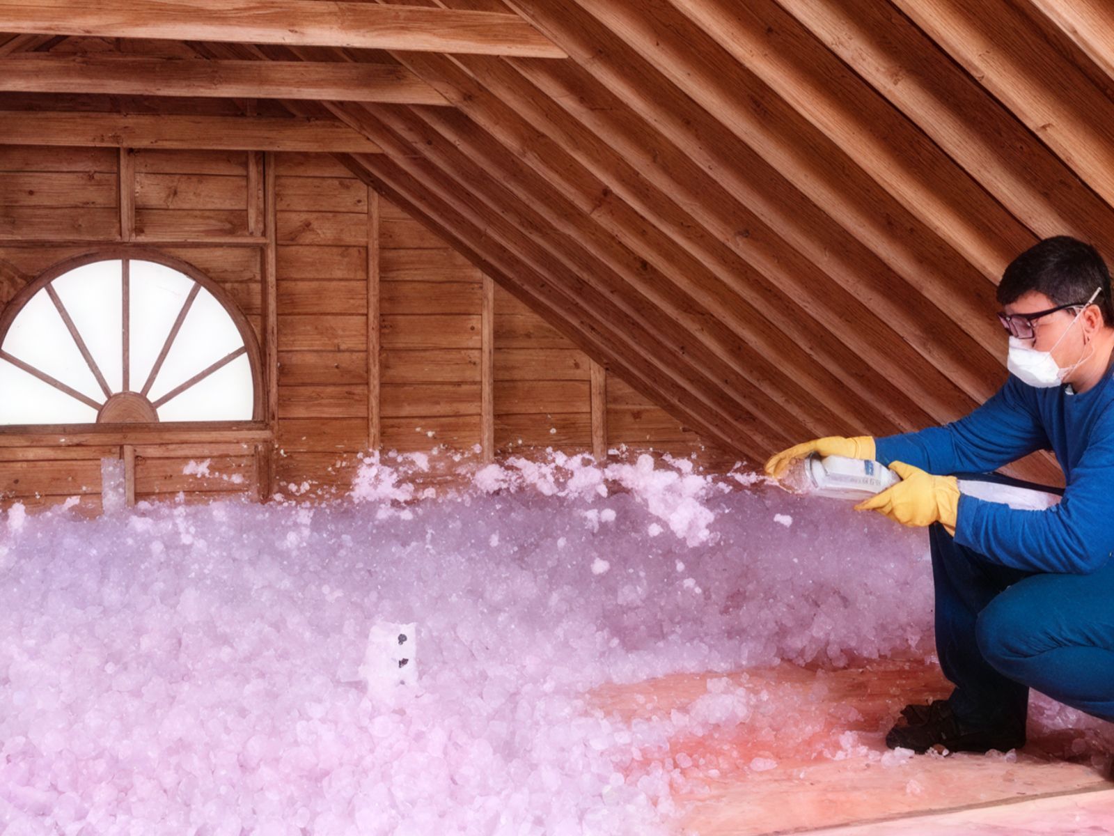 Professional attic insulation installation using blown-in fiberglass insulation to improve home energy efficiency and indoor comfort