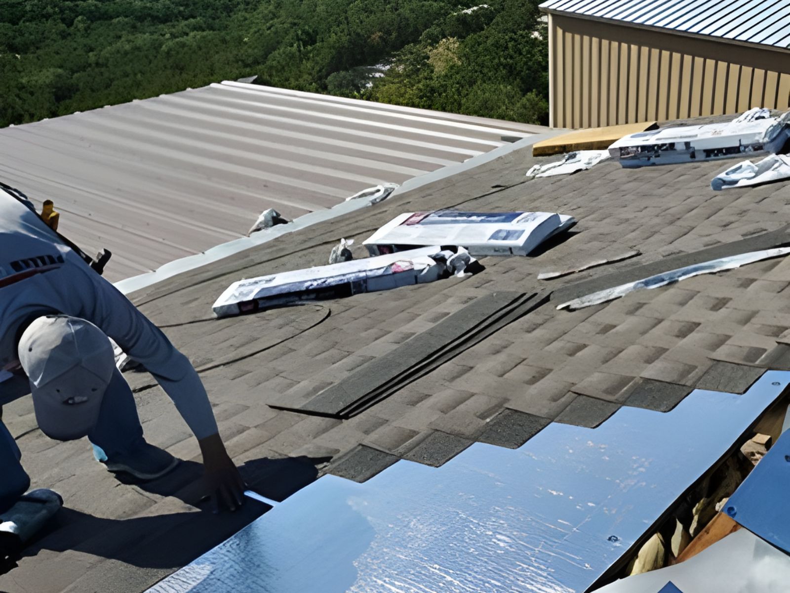 Roofing contractor installing radiant barrier roof insulation beneath asphalt shingles to improve attic energy efficiency
