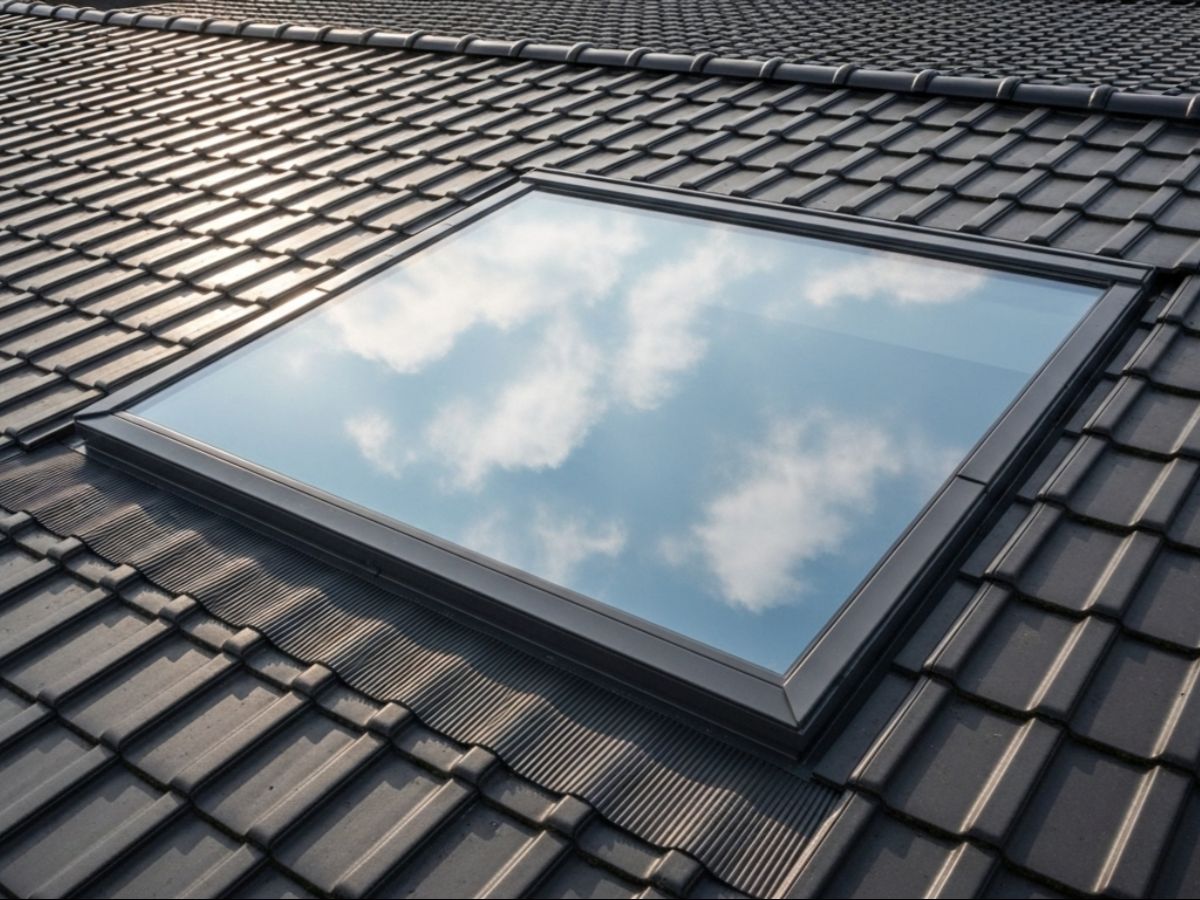 Roof-mounted skylight installed on a tiled roof, reflecting the sky and providing natural daylight to the home interior