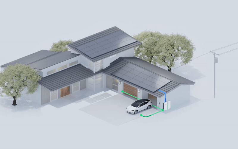 Modern home with rooftop solar panels, Tesla Powerwall battery, and electric vehicle charger integrated into a residential solar energy system
