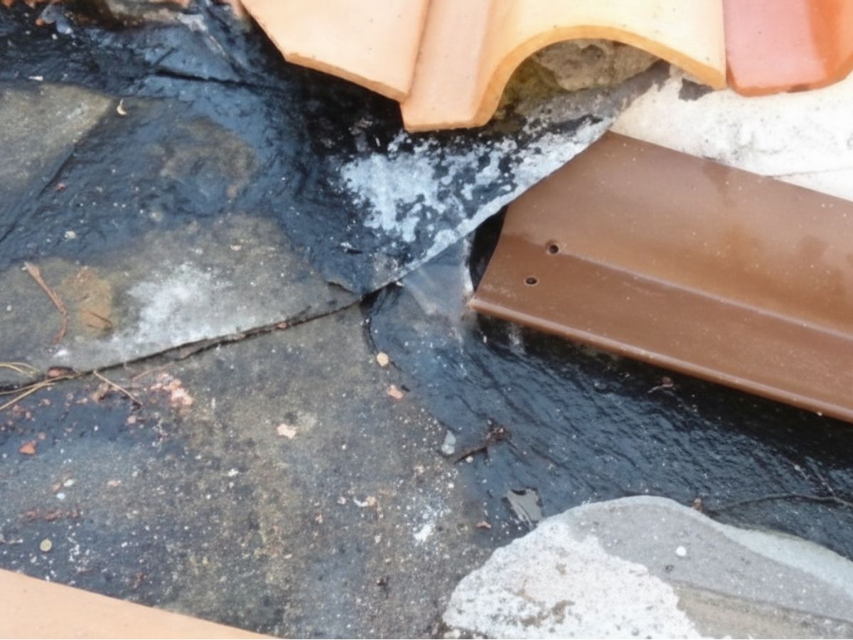 Roof flashing failure beneath tile roof showing deteriorated underlayment and potential water intrusion