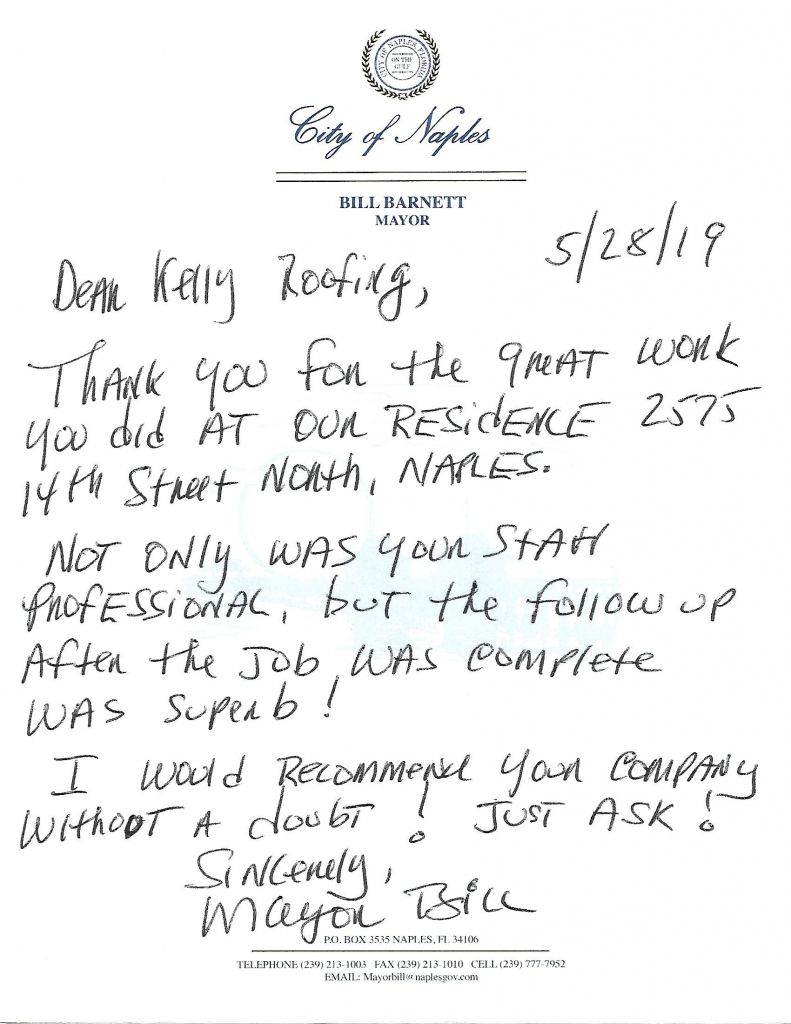 A letter from the mayor of the City of Naples, Florida to Ken Kelly on city letterhead explaining how great Kelly Roofing did on his home.