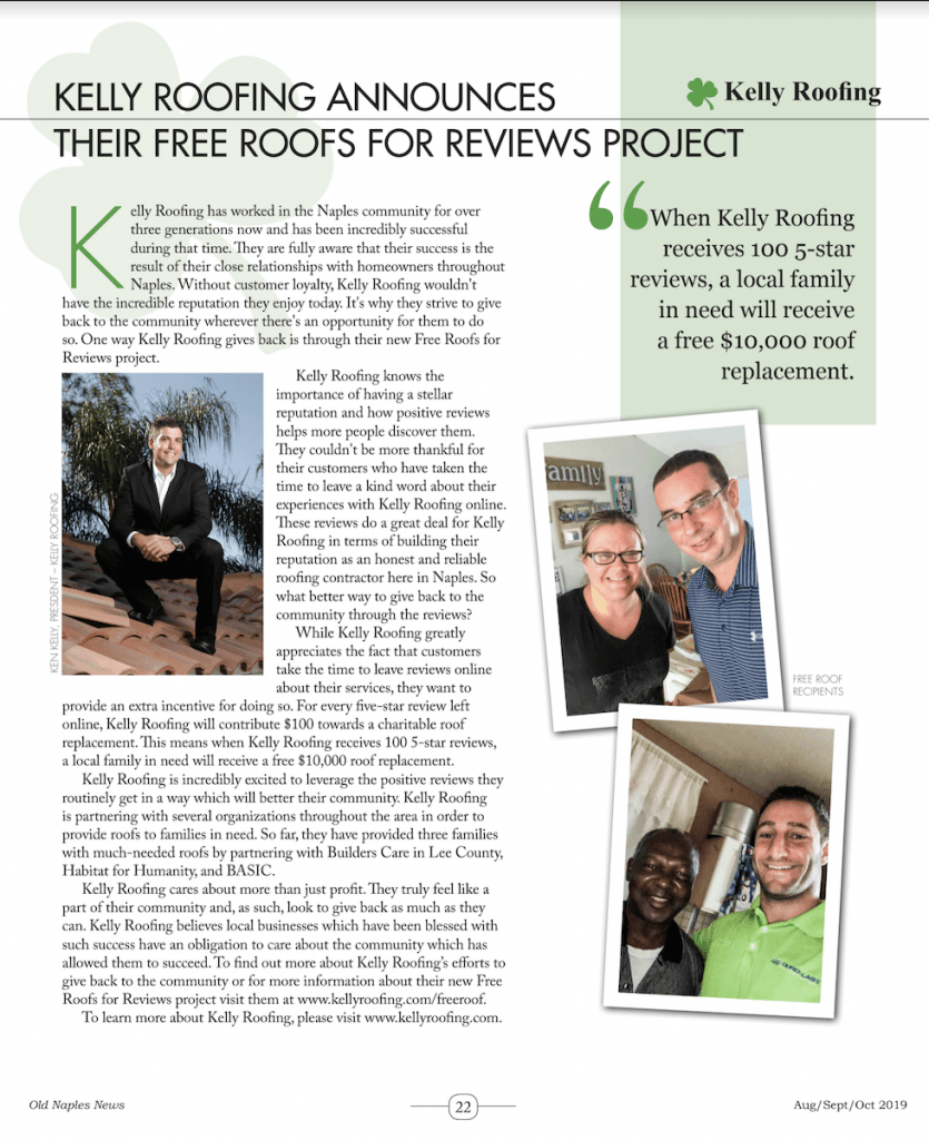 Kelly Roofing Announces Their Free Roofs For Reviews Project flyer.