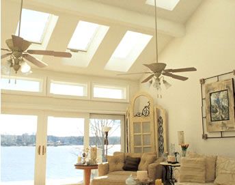 Skylights and windows and ceiling fans in a light airy room