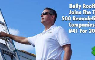 Ken Kelly, president of Kelly Roofing, on a ladder with the caption Kelly Roofing Joins the TOP 500 Remodeling Companies at #41 for 2021