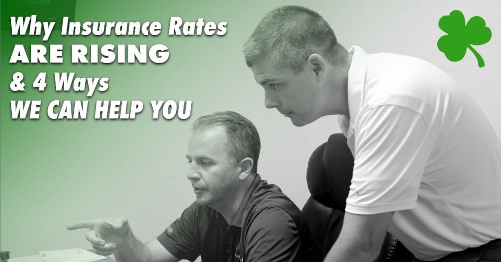 two men observing something in the distance with the caption "Why Insurance Rates Are Rising & 4 Ways We Can Help You"