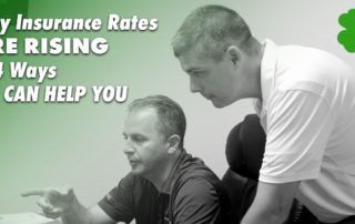 two men observing something in the distance with the caption "Why Insurance Rates Are Rising & 4 Ways We Can Help You"