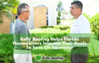 two men talking in front of a house with the caption "Kelly Roofing Helps Florida Homeowners Improve Their Roofs To Save On Insurance"