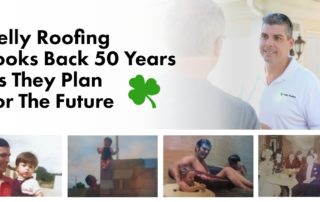 graphic with the quote "Kelly Roofing Looks Back 50 Years As They Plan For The Future"