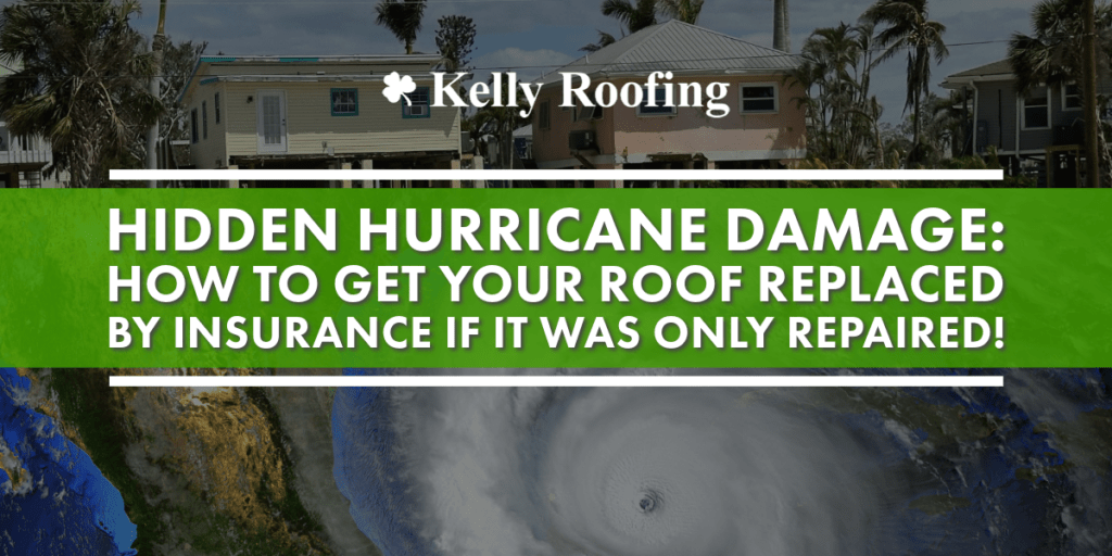 Image of a yellow house and pink house with palm trees and image under it of a hurricane and text: Hidden Hurricane Damage: How To Get Your Roof Replaced By Insurance If It Was Only Repaired!