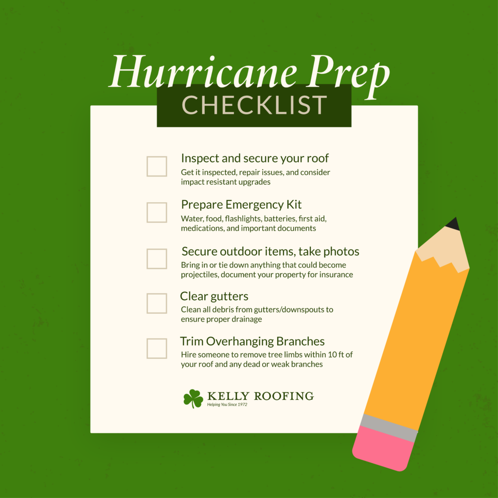 Hurricane Prep checklist:
Inspect and Secure your roof, Prepare emergency kit, secure outdoor items and take photos for insurance, clear gutters, trim overhanging branches