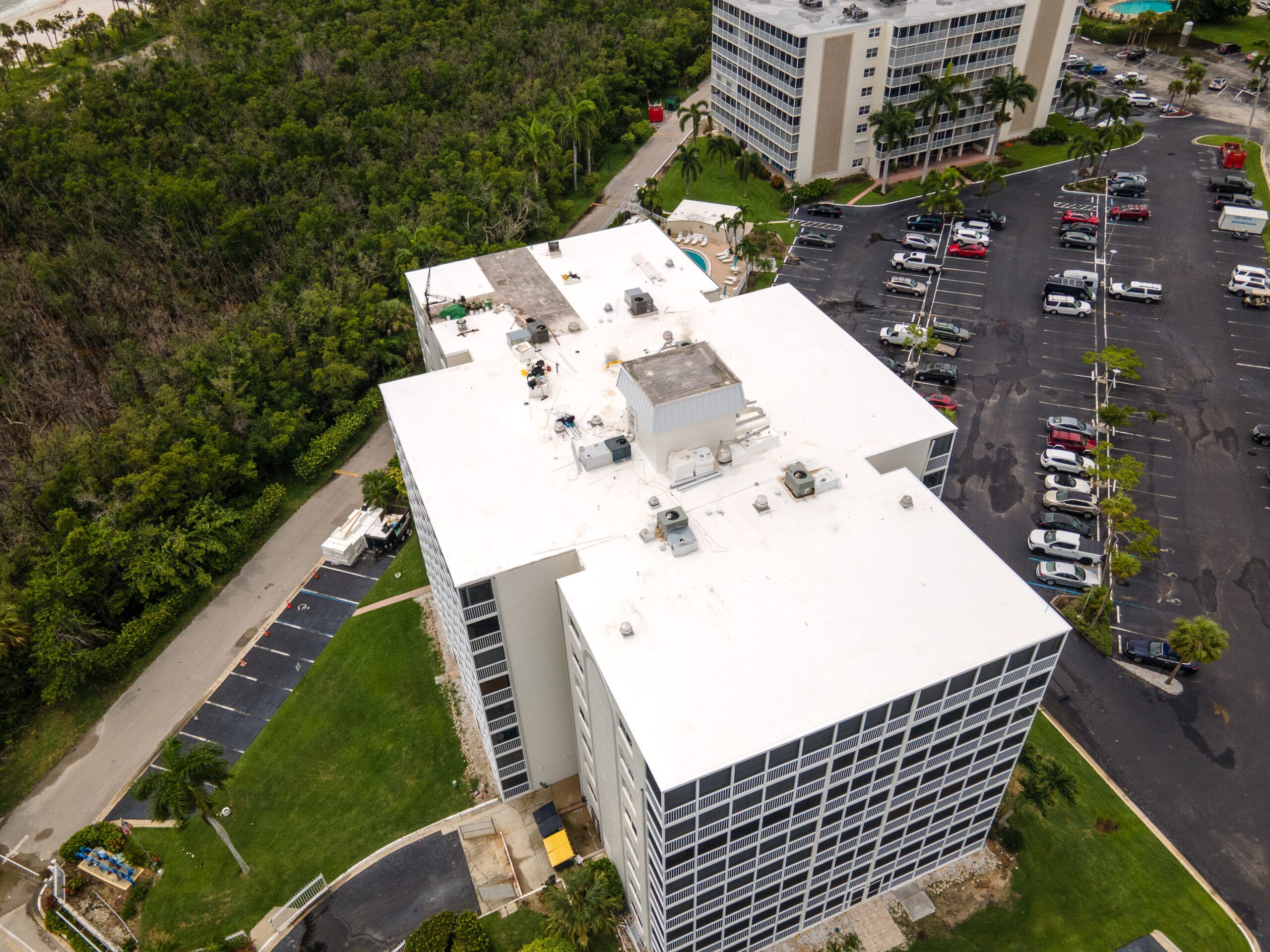 overhead shot of commercial property with flat roofing