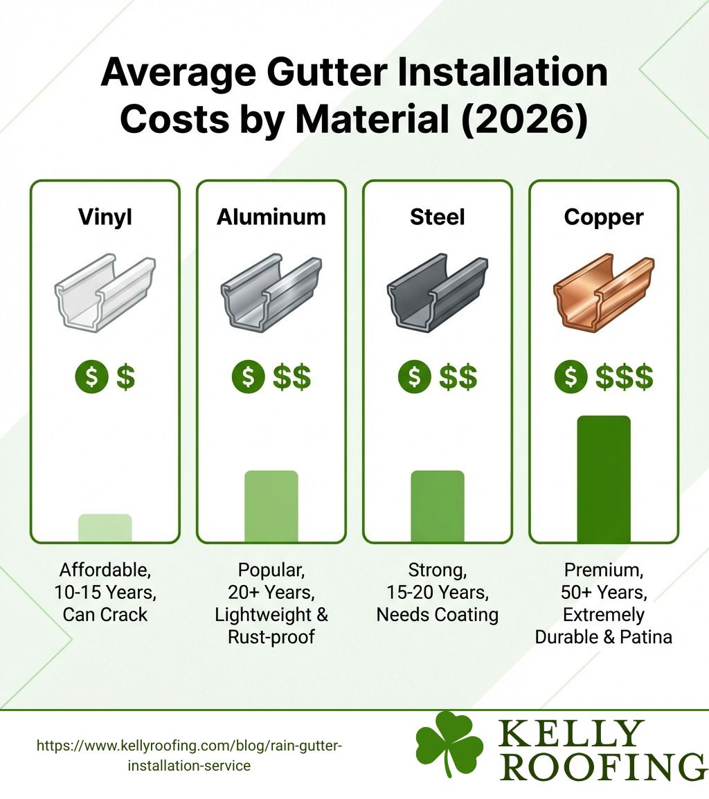 user-inserted Infographic showing average gutter installation costs by material - rain gutter installation service infographic