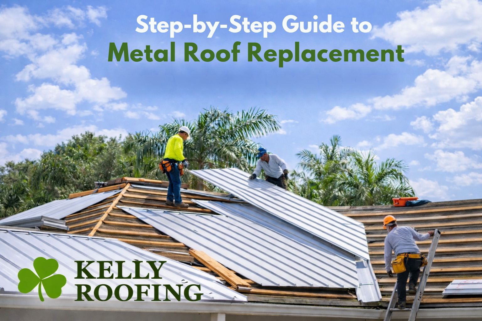 Roof workers installing metal roofing on a home under a partly cloudy sky with Kelly Roofing logo in the corner.