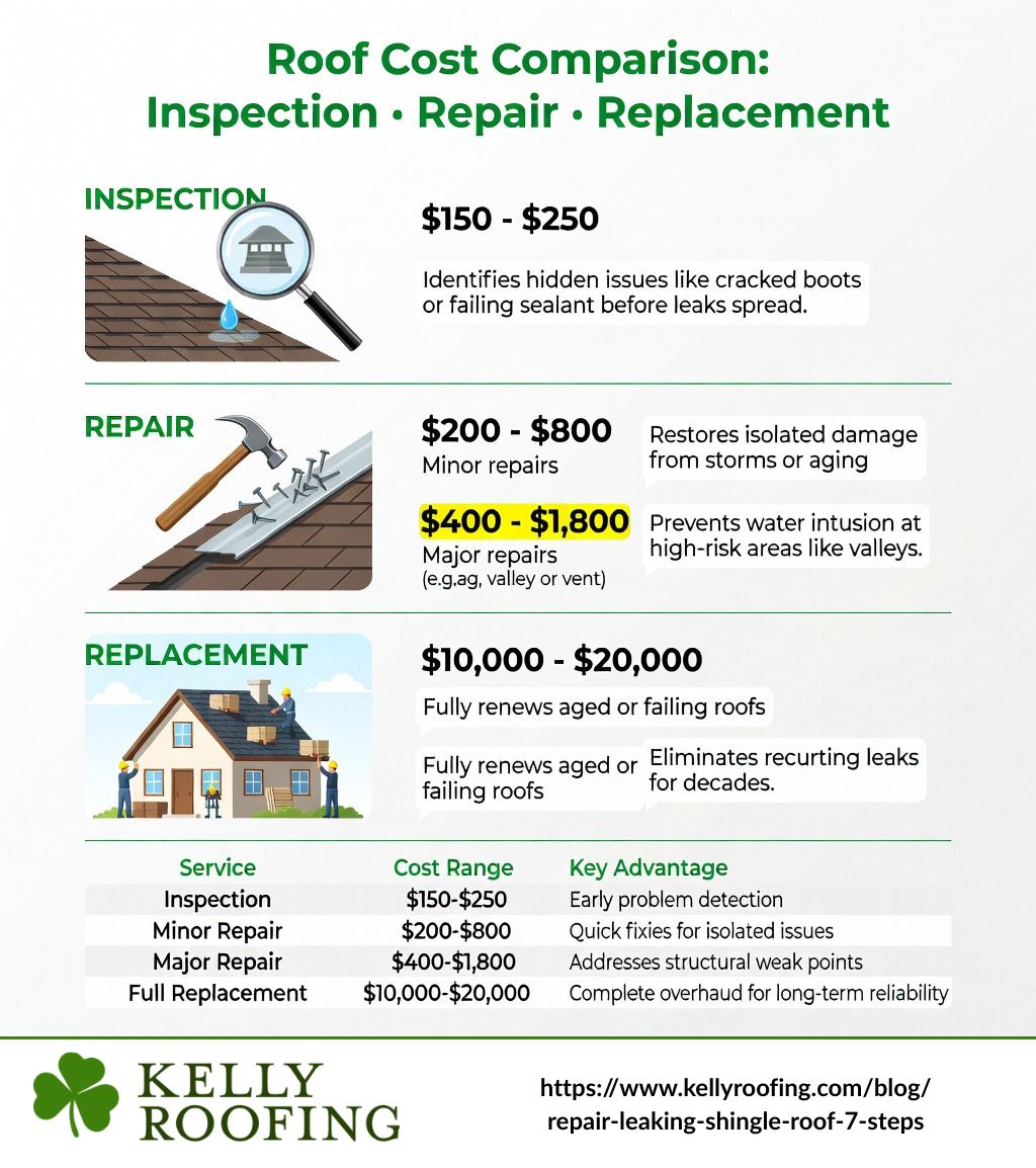 user-inserted infographic comparing the cost of roof inspection vs. repair vs. replacement - repair leaking shingle roof infographic