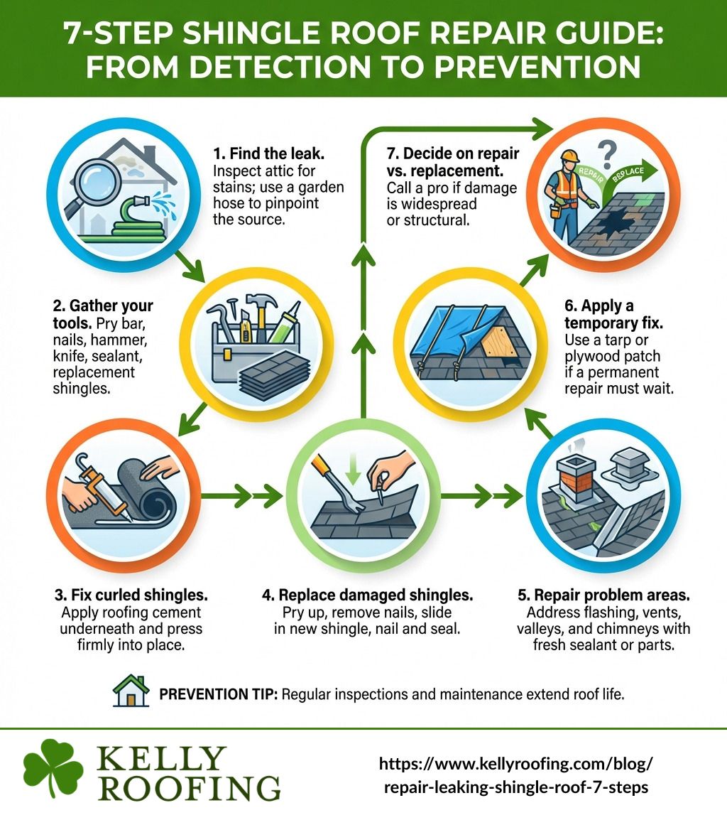 user-inserted 7-step infographic for repairing a leaking shingle roof from leak detection to prevention - repair leaking shingle roof
