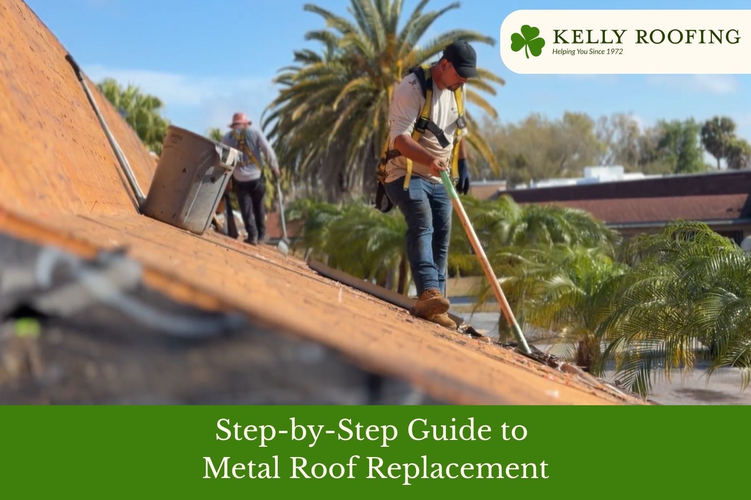 Professional roofer working on a metal roof replacement, showcasing the process of removing old roofing material and preparing for installation. The image highlights the importance of a step-by-step guide to replacing metal roofs, with a clear view of the roof's surface and tools used.