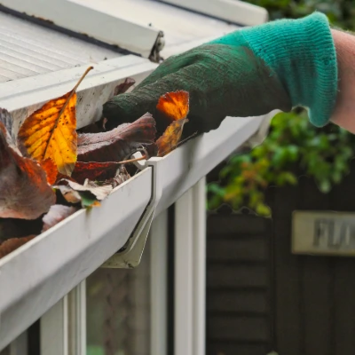 Is Your Roof Ready for Hurricane Season? A Florida Homeowner's Prep Guide 2 Gloved hand clearing leaves and debris from a residential roof gutter before hurricane season.