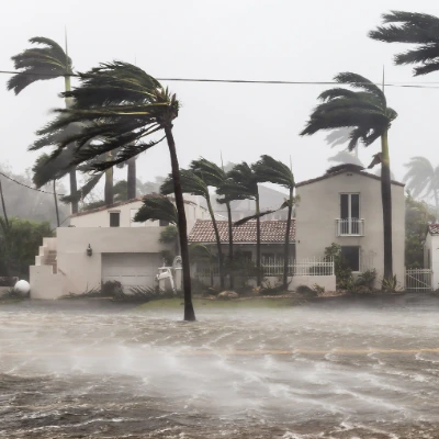 Is Your Roof Ready for Hurricane Season? A Florida Homeowner's Prep Guide 1 Florida home surrounded by floodwater and wind-bent palm trees during a hurricane storm.