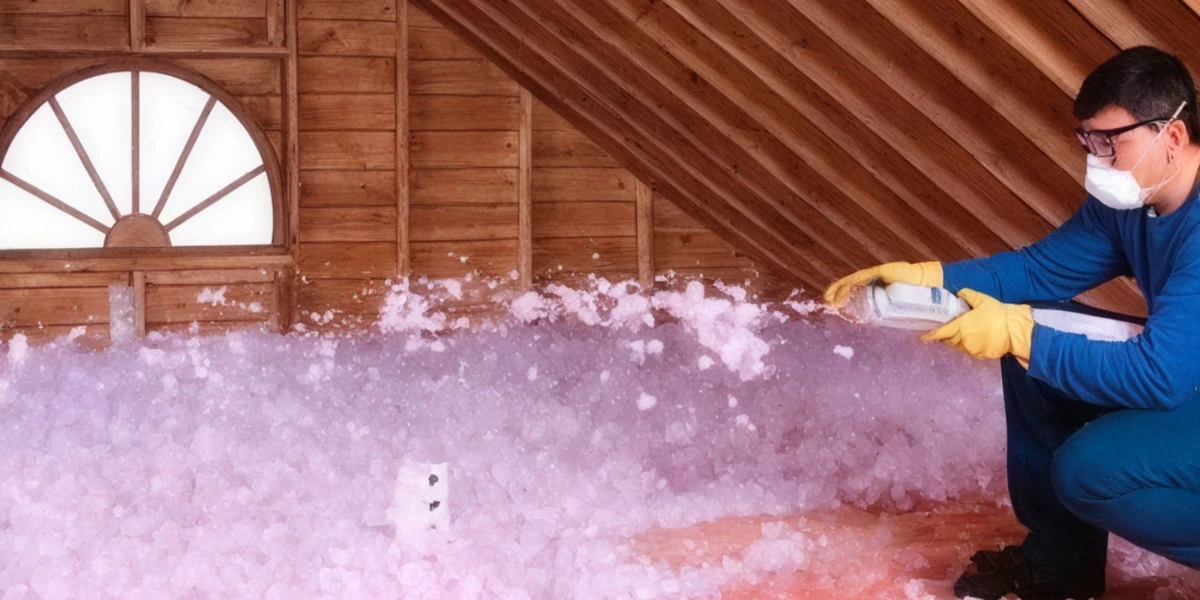 Technician wearing a dust mask and gloves installing blown-in pink fiberglass insulation in a Florida home's attic
